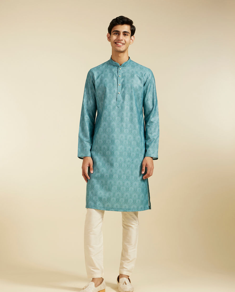 Diwas Men Aqua Green Medallion Printed Kurta