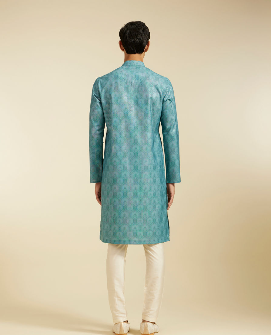 Diwas Men Aqua Green Medallion Printed Kurta