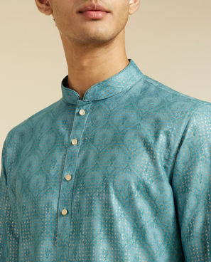 Diwas Men Aqua Green Medallion Printed Kurta
