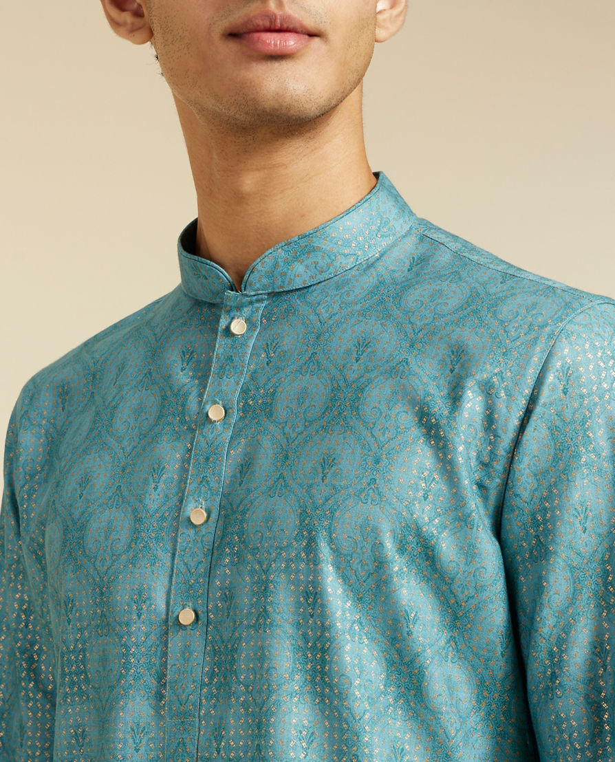 Diwas Men Aqua Green Medallion Printed Kurta
