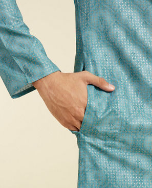 Diwas Men Aqua Green Medallion Printed Kurta