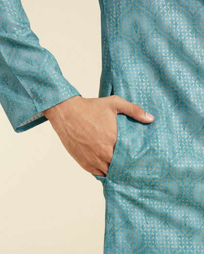 Diwas Men Aqua Green Medallion Printed Kurta