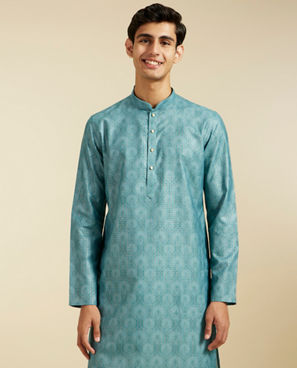Diwas Men Aqua Green Medallion Printed Kurta