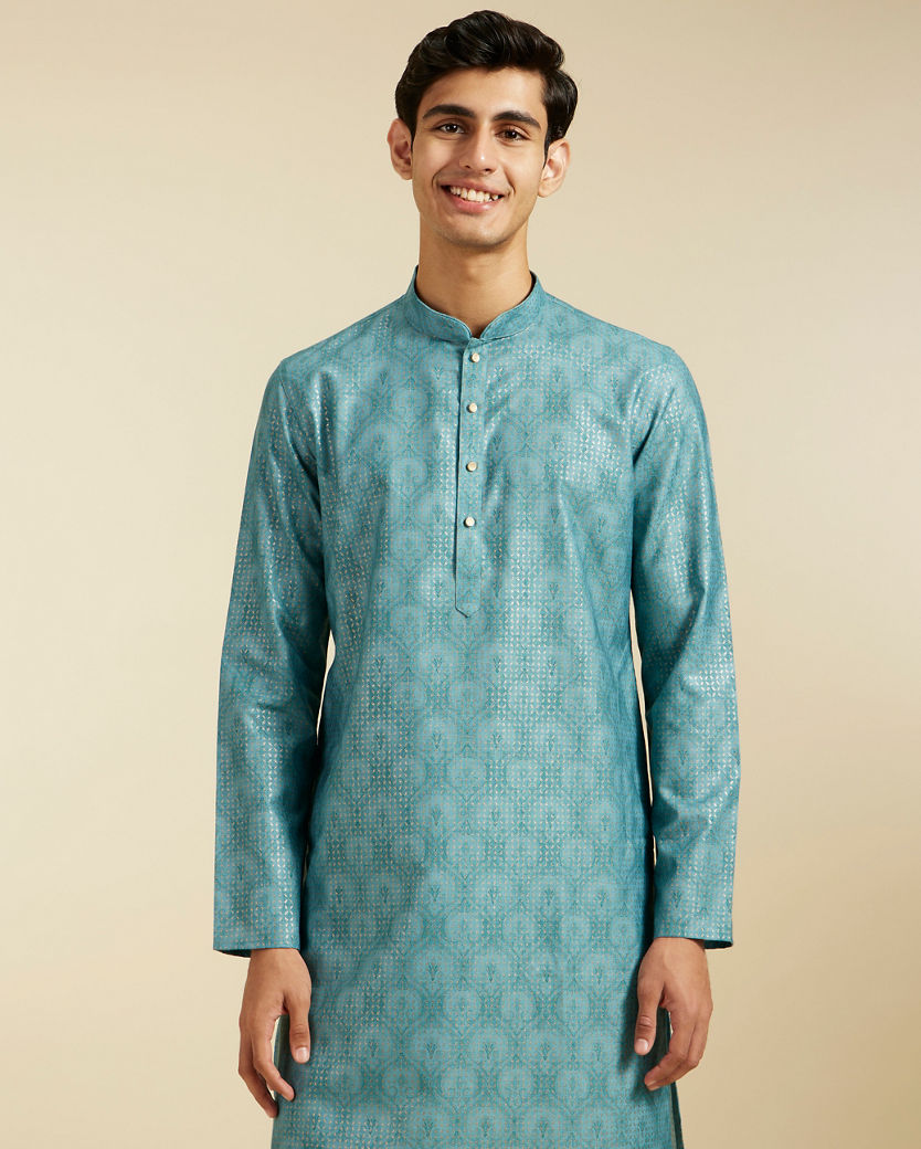 Diwas Men Aqua Green Harlequin Printed Kurta