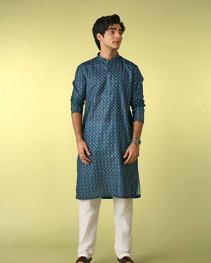 Diwas Men Elegant Greyish Blue Kurta Pajama