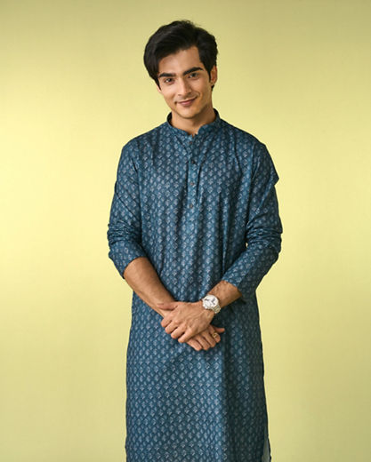 Diwas Men Elegant Greyish Blue Kurta Pajama