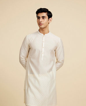 Diwas Men Cream White Grid Patterned Kurta