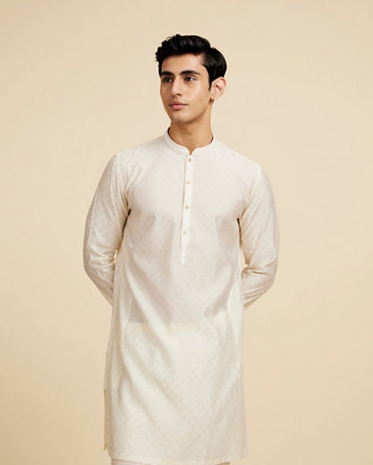 Diwas Men Cream White Grid Patterned Kurta