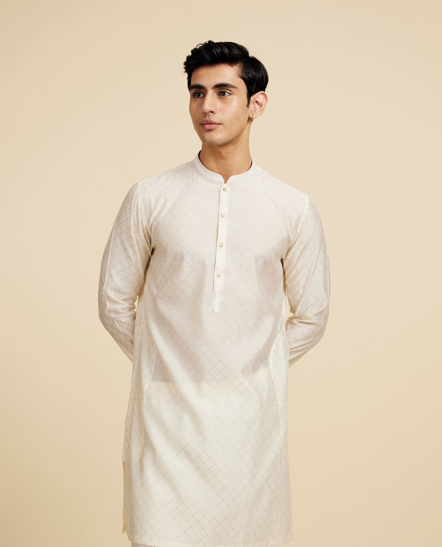 Diwas Men Cream White Grid Patterned Kurta