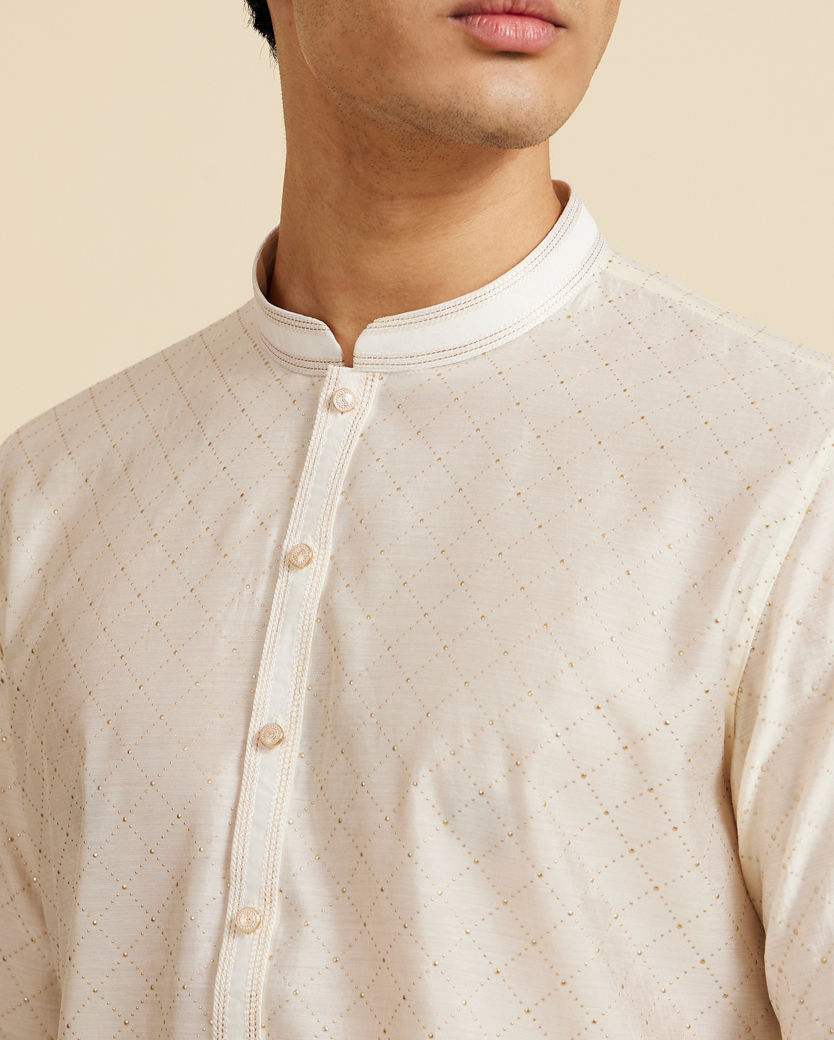 Diwas Men Cream White Grid Patterned Kurta