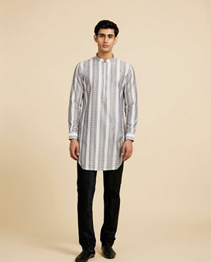 Diwas Men Cloud White And Slate Grey Linear Printed Kurta