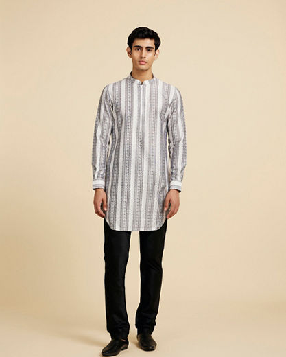 Diwas Men Cloud White And Slate Grey Linear Printed Kurta
