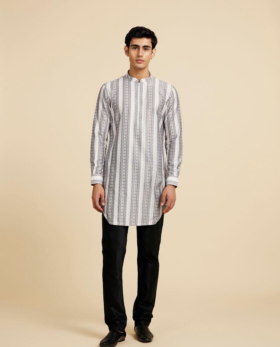 Diwas Men Cloud White And Slate Grey Linear Printed Kurta