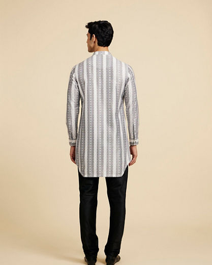 Diwas Men Cloud White And Slate Grey Linear Printed Kurta