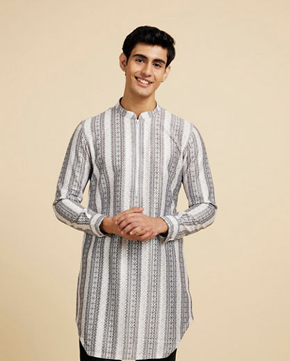 Diwas Men Cloud White And Slate Grey Linear Printed Kurta