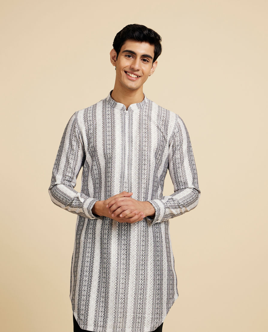Diwas Men Cloud White And Slate Grey Linear Printed Kurta