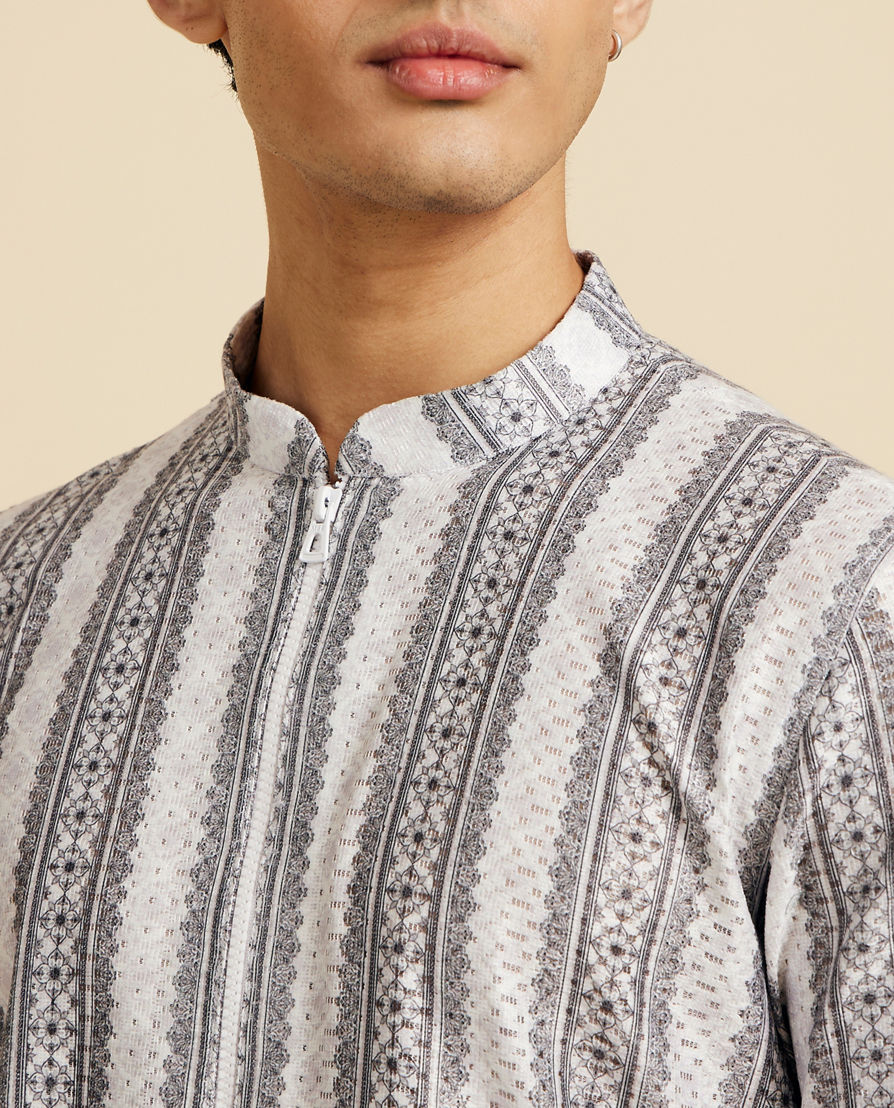 Diwas Men Cloud White And Slate Grey Linear Printed Kurta