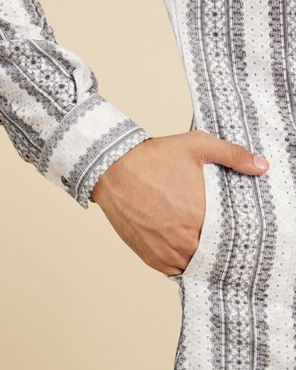 Diwas Men Cloud White And Slate Grey Linear Printed Kurta