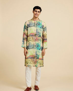 Diwas Men Soft Green Botanical Printed Kurta