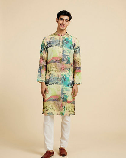 Diwas Men Soft Green Botanical Printed Kurta