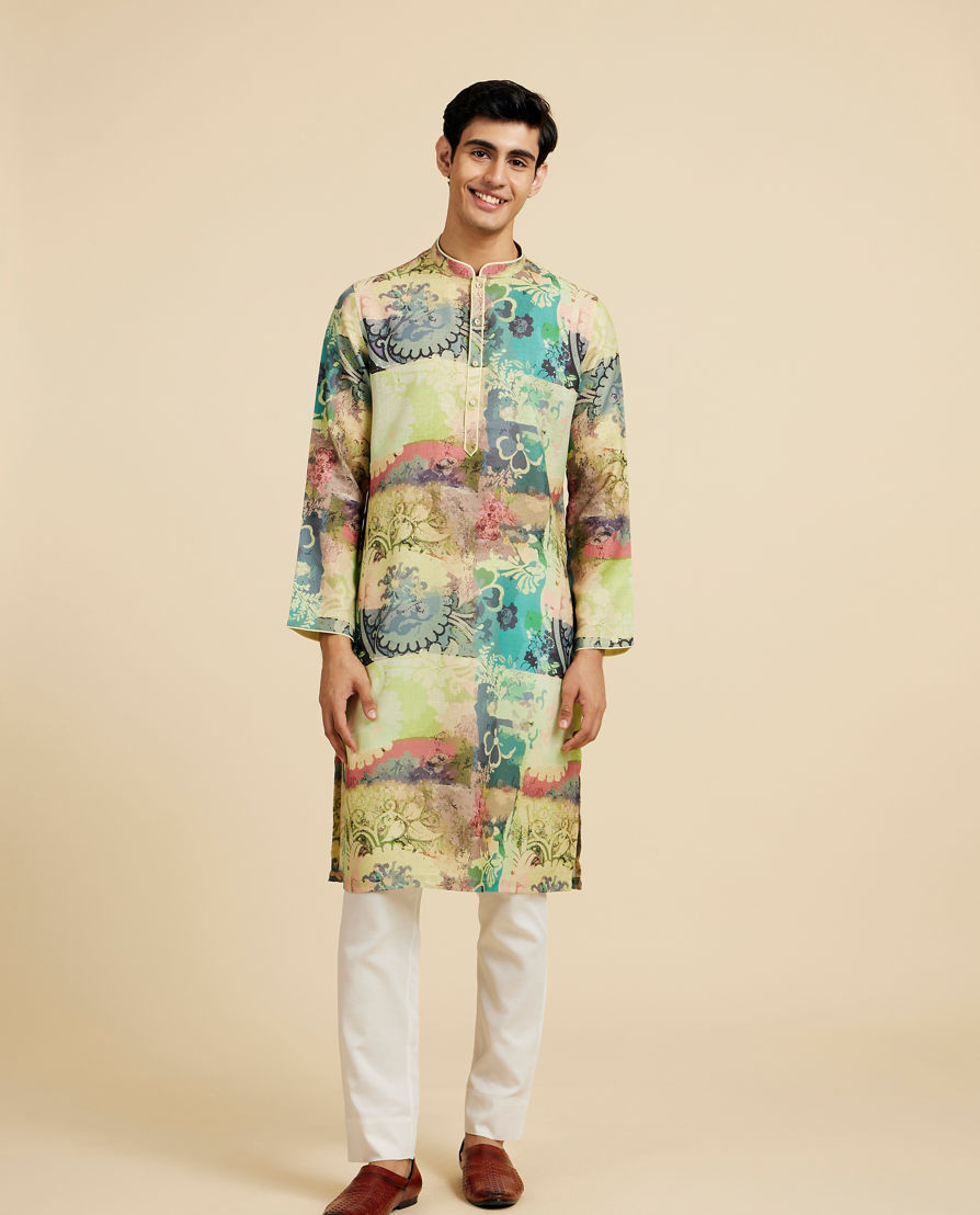 Diwas Men Soft Green Botanical Printed Kurta