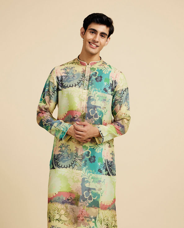 Diwas Men Soft Green Botanical Printed Kurta