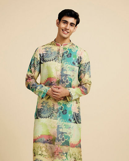 Diwas Men Soft Green Botanical Printed Kurta
