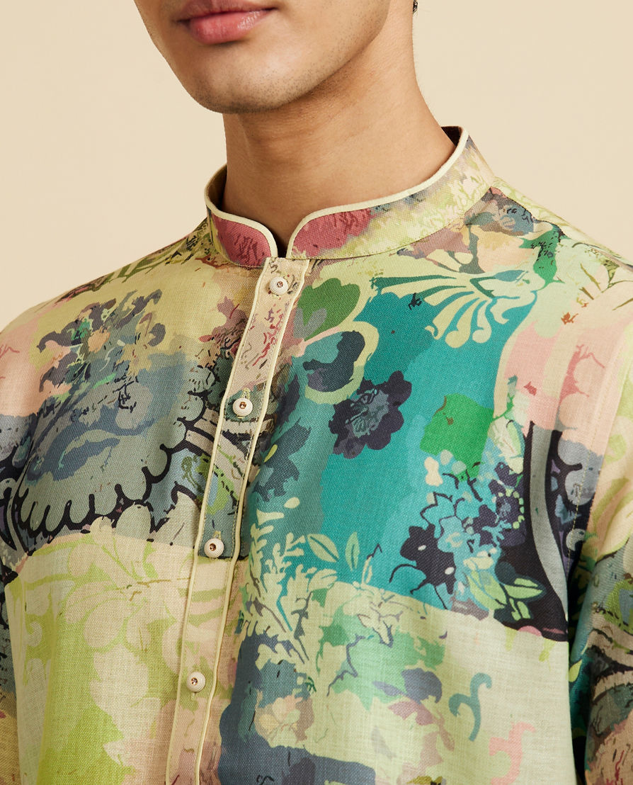 Diwas Men Soft Green Botanical Printed Kurta