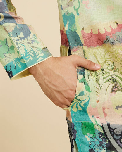 Diwas Men Soft Green Botanical Printed Kurta