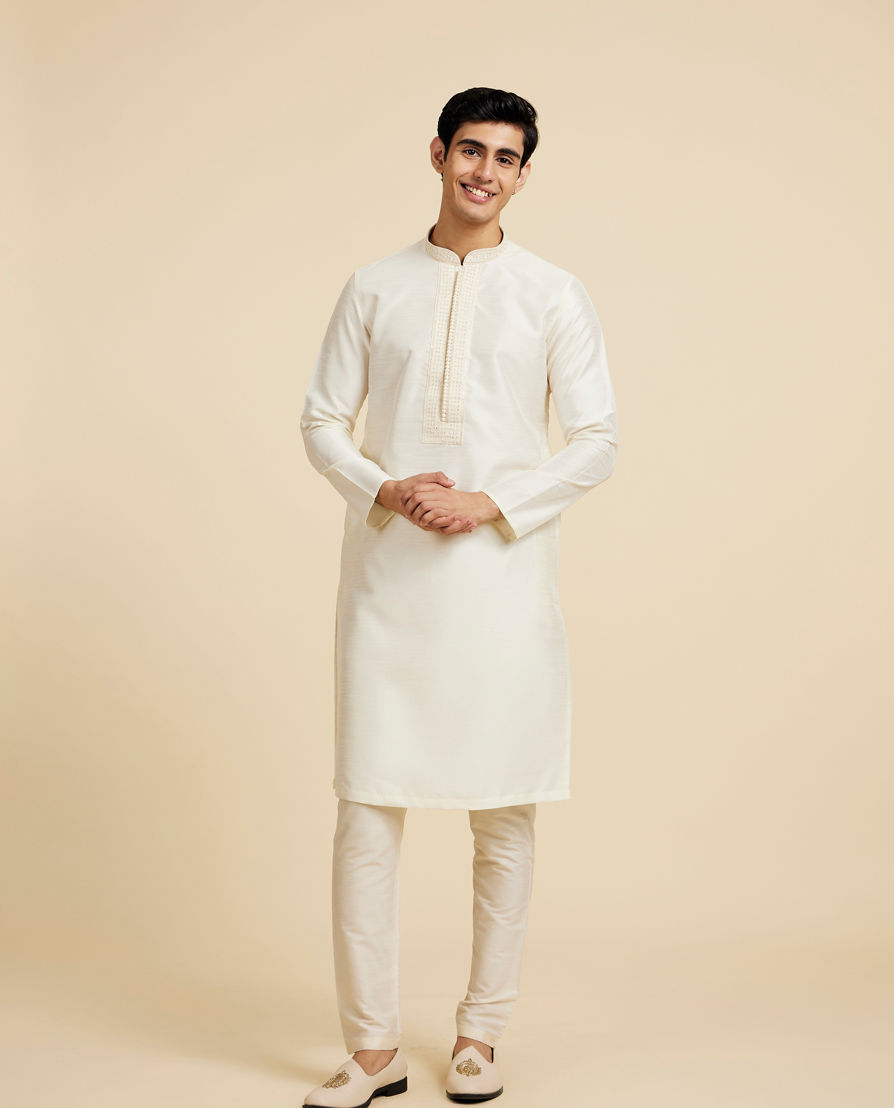 Diwas Men Cream White Plain Kurta with Rhinestone Embellished Neckline