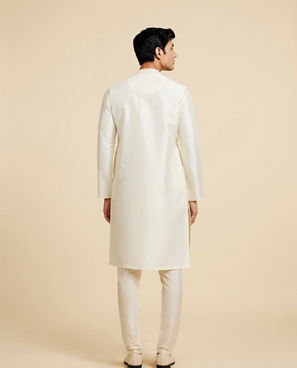 Diwas Men Cream White Plain Kurta with Rhinestone Embellished Neckline