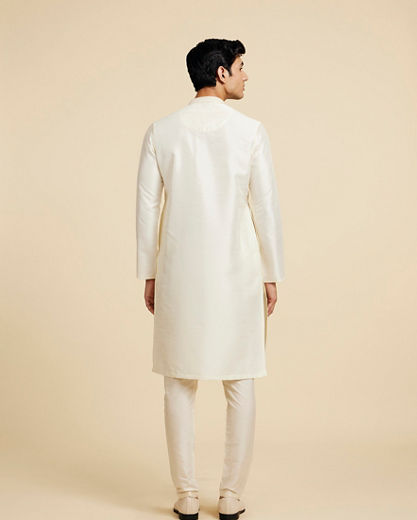 Diwas Men Cream White Plain Kurta with Rhinestone Embellished Neckline