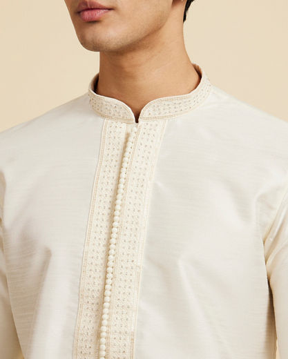 Diwas Men Cream White Plain Kurta with Rhinestone Embellished Neckline