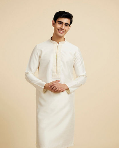 Diwas Men Cream White Plain Kurta with Rhinestone Embellished Neckline