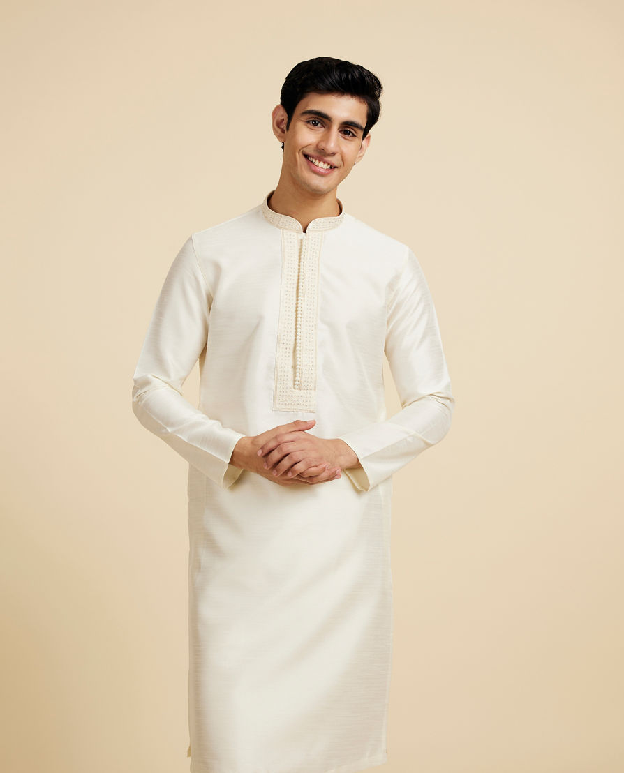 Diwas Men Cream White Plain Kurta with Rhinestone Embellished Neckline