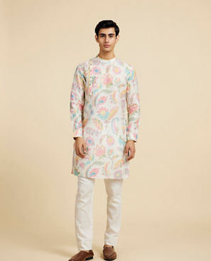Diwas Men Cream White Floral Printed Kurta