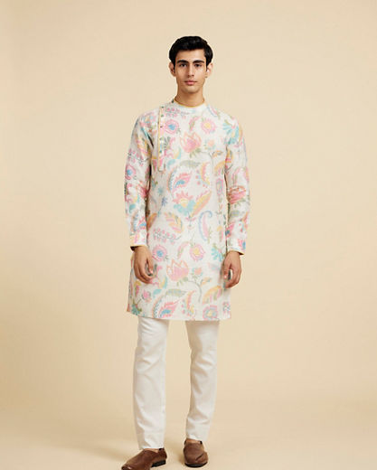 Diwas Men Cream White Floral Printed Kurta