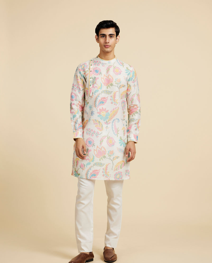 Diwas Men Cream White Floral Printed Kurta