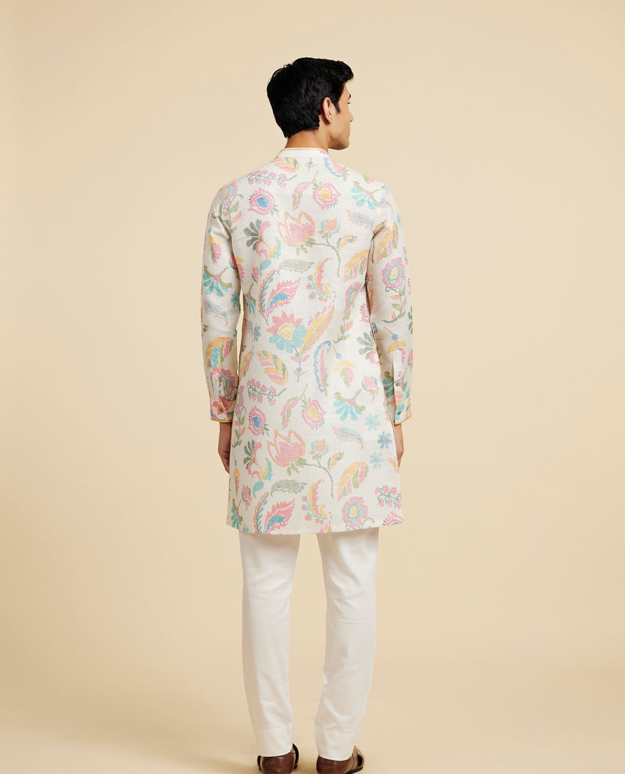 Diwas Men Cream White Floral Printed Kurta