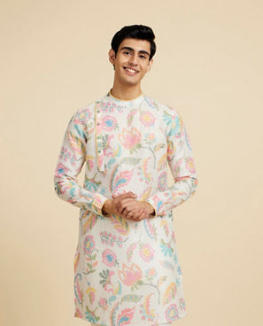 Diwas Men Cream White Floral Printed Kurta