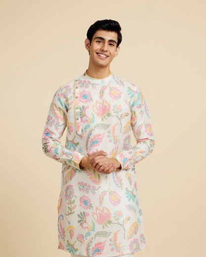 Diwas Men Cream White Floral Printed Kurta