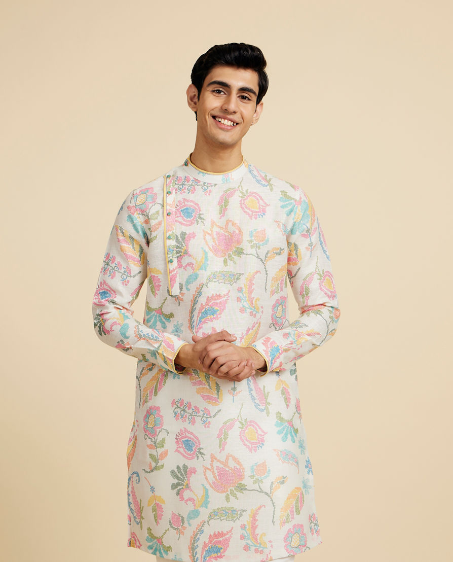Diwas Men Cream White Floral Printed Kurta