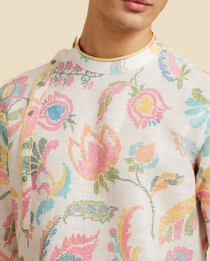 Diwas Men Cream White Floral Printed Kurta