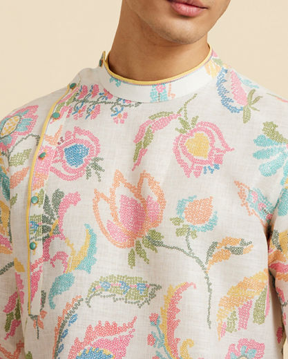 Diwas Men Cream White Floral Printed Kurta