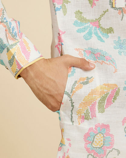 Diwas Men Cream White Floral Printed Kurta