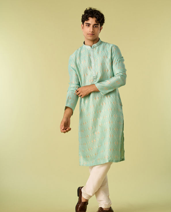 Diwas Men Aqua Green Silk Jewel Kurta