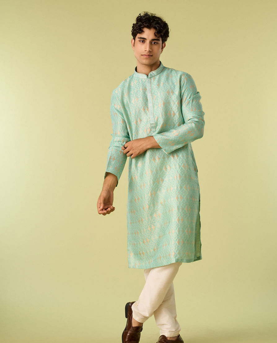 Diwas Men Aqua Green Silk Jewel Kurta