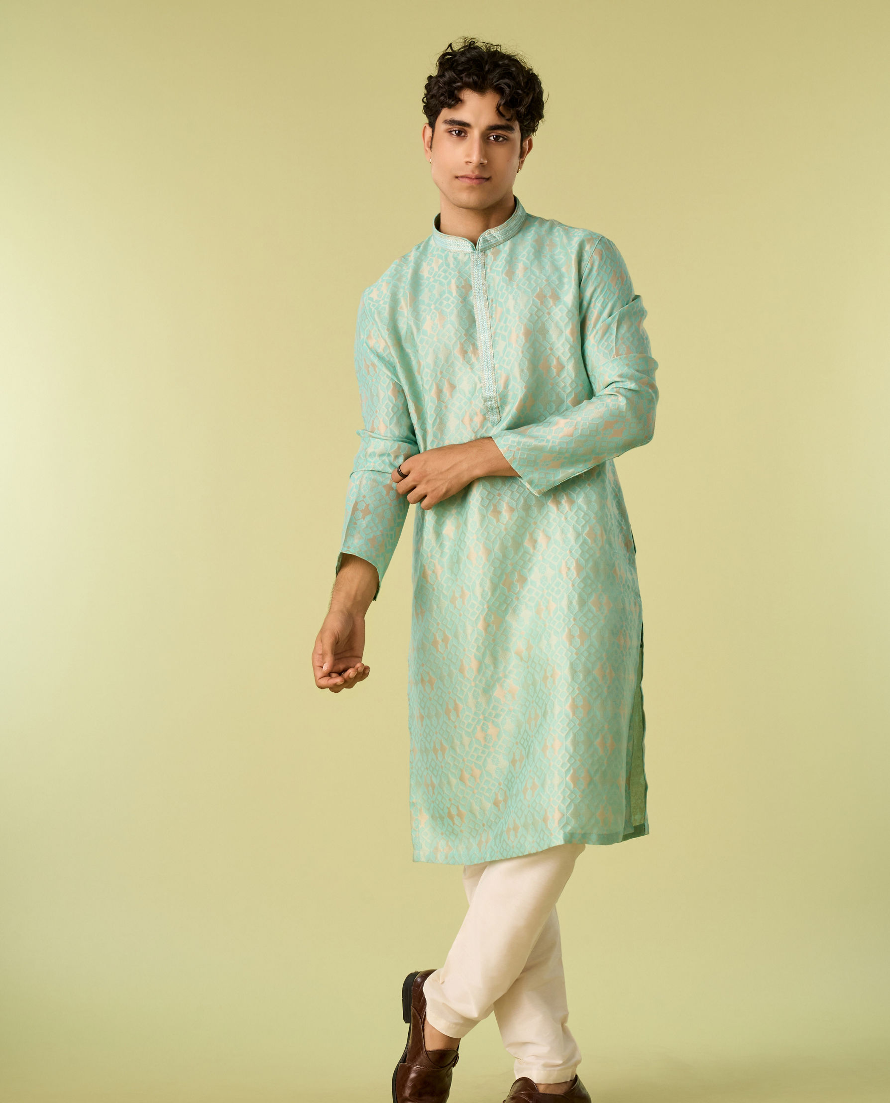 Diwas Men Aqua Green Silk Jewel Kurta