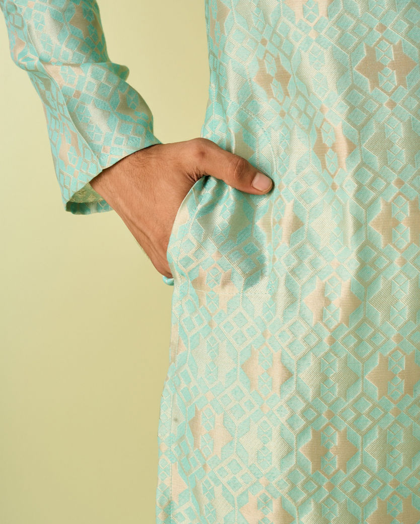 Diwas Men Aqua Green Silk Jewel Kurta