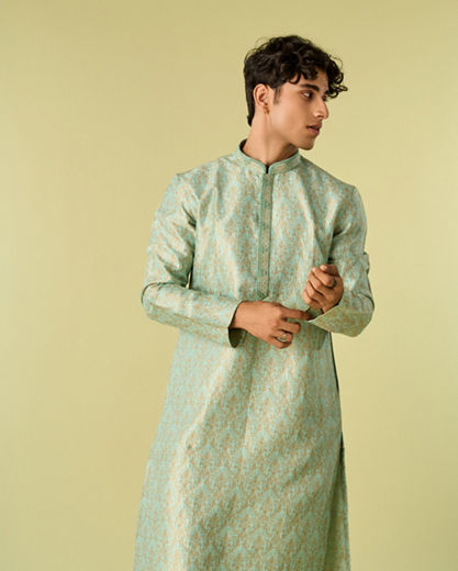 Diwas Men Aqua Green Brocade Kurta